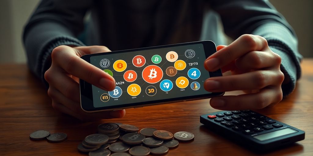 Person mit Smartphone und Kryptowährungen auf einem Tisch.